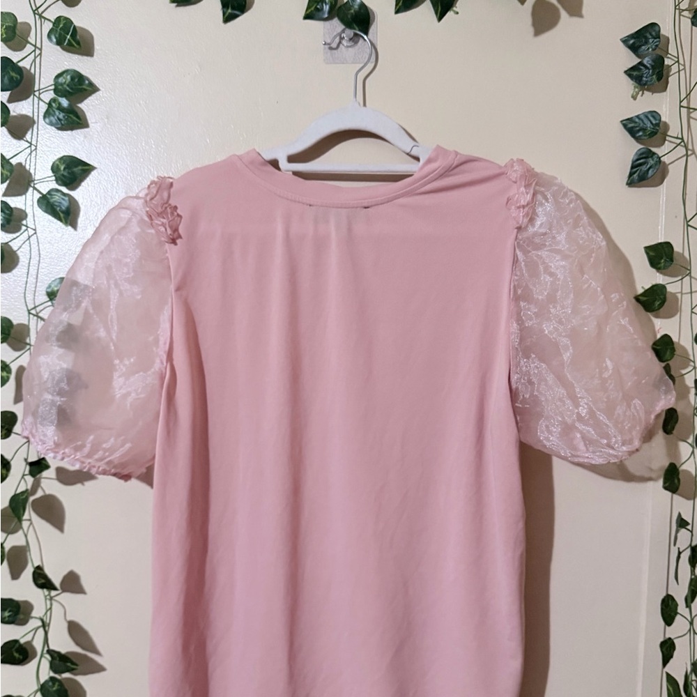 Light Pink Puff Sleeve Tee with Sheer Organza Sleeves - Picture 6 of 6